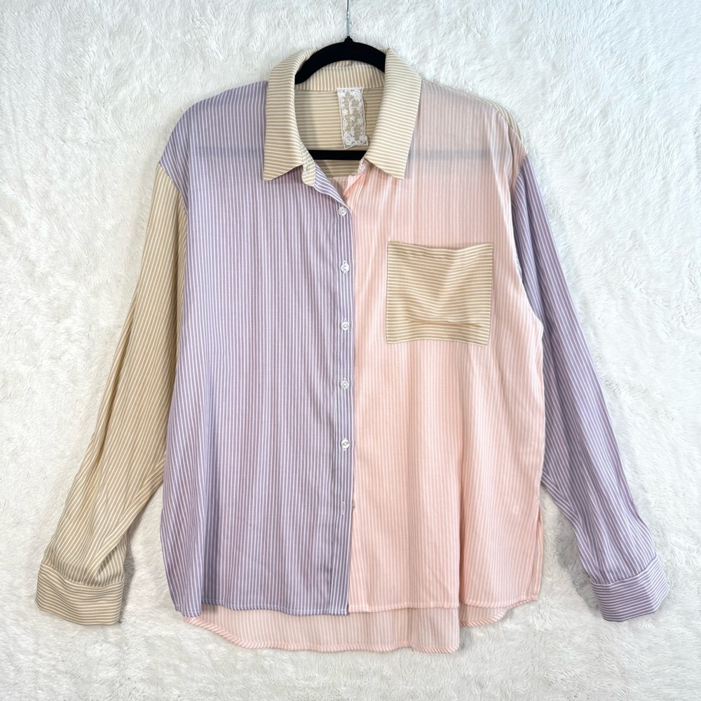 Sadie & Sage Button Up Shirt Women’s Medium Pastel Colorblock Casual Coastal